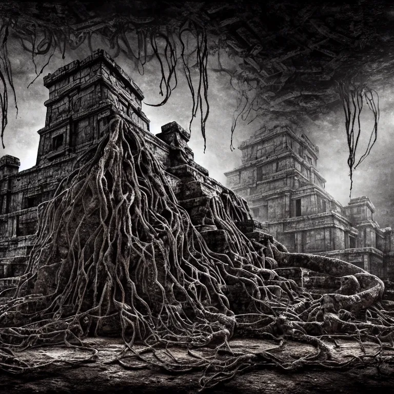 Prompt: still life of abandoned mayan temple, covered with tentacles, roots, wires, tubes, baroque painting, standing in a desolate empty wasteland, creepy, nightmare, dream-like heavy atmosphere, dark fog, surreal abandoned buildings, baroque painting, beautiful detailed intricate insanely detailed octane render trending on Artstation, 8K artistic photography, photorealistic, chiaroscuro, Raphael, Caravaggio, Beksinski, Giger