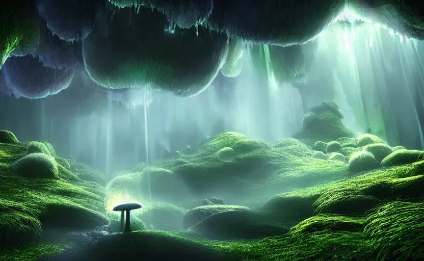 Prompt: a beautiful and stunning professional digital artwork of a glowing mushroom cave, haze, spores floating in the air, waterfall, volumetric lighting, hyperrealistic, rtx on, ultra detail