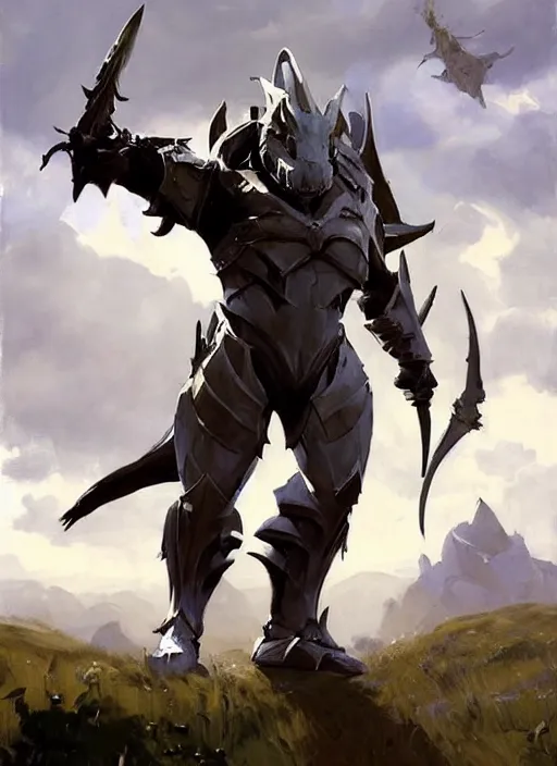 Image similar to Greg Manchess painting of a Shark Charr from Guild Wars 2 wearing Forerunner Armor from Halo, countryside, calm, fantasy character portrait, dynamic pose, above view, sunny day, artwork by Jeremy Lipkin and Giuseppe Dangelico Pino and Michael Garmash and Rob Rey, very coherent asymmetrical artwork, sharp edges, perfect face, simple form, 100mm