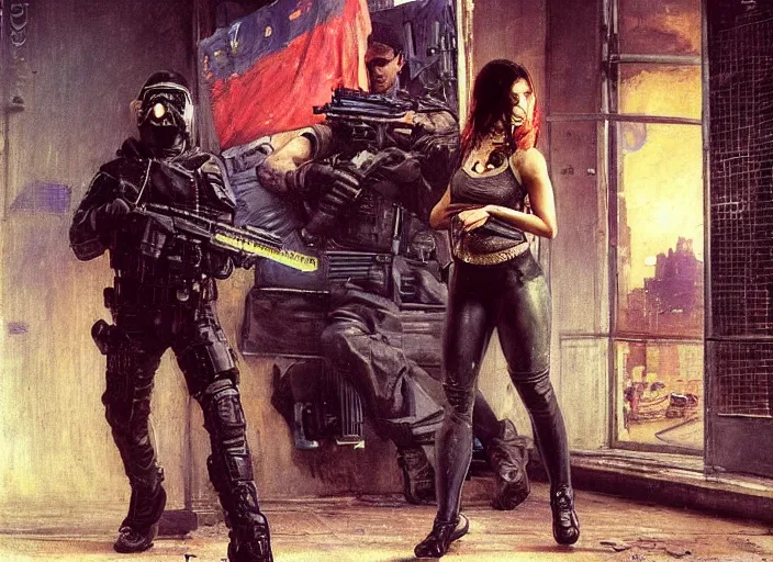 Prompt: Maria evades sgt Griggs. Cyberpunk hacker escaping Menacing Cyberpunk police trooper griggs wearing a combat vest. (dystopian, police state, Cyberpunk 2077, bladerunner 2049). Iranian orientalist portrait by john william waterhouse and Edwin Longsden Long and Theodore Ralli and Nasreddine Dinet, oil on canvas. Cinematic, vivid colors, hyper realism, realistic proportions, dramatic lighting, high detail 4k