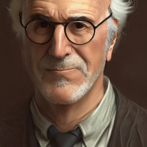 Image similar to portrait of larry david, soft hair, muscular, half body, leather, hairy, d & d, fantasy, intricate, elegant, highly detailed, digital painting, artstation, concept art, smooth, sharp focus, illustration, art by artgerm and greg rutkowski and alphonse mucha