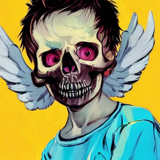 Prompt: a portrait of a kid skull face, angel, wings, in the style of artgerm, van gogh, atey ghailan and steve mccurry, vibrant colors and hard shadows and strong rim light, lucien freud, comic cover art, trending on artstation