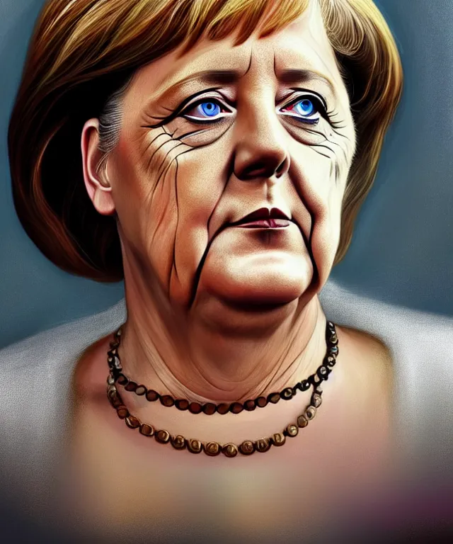 Image similar to angela merkel as a fantasy magic woman portrait, sci - fi, amber eyes, face, long hair, fantasy, intricate, elegant, highly detailed, digital painting, photo by reuters, concept art, sharp focus