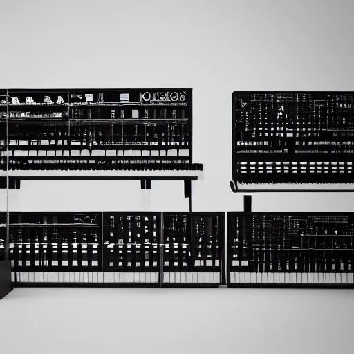 Prompt: dezeen photo of synthesizers made by Ludwig Mies van der Rohe, octane render, high quality