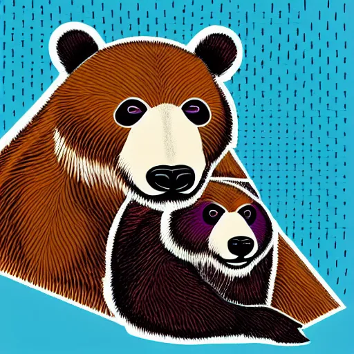 Image similar to pop art headshots of a grizzly bear and a panda bear kissing.