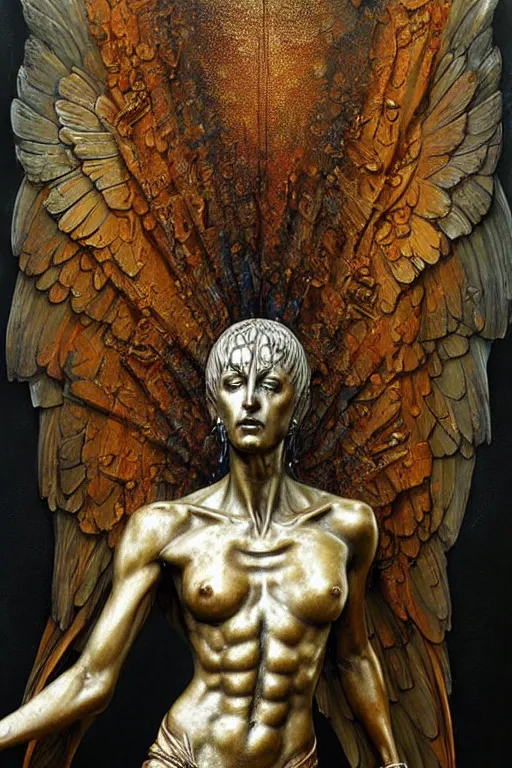 Prompt: realistic detailed statue the holy sacred mechanic angel with stained rust golden wings, body full of scars, made by Karol Bak, Mark Brooks and Bernini. Rich colors. Beksinski and Gerhard Richter painting. Masterpiece