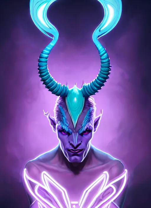 Image similar to symmetry!! portrait of a mischievous male purple and teal skinned tiefling with demon horns and piercings, glowing lights!! intricate, elegant, highly detailed, digital painting, artstation, concept art, smooth, sharp focus, illustration, art by artgerm and greg rutkowski and alphonse mucha