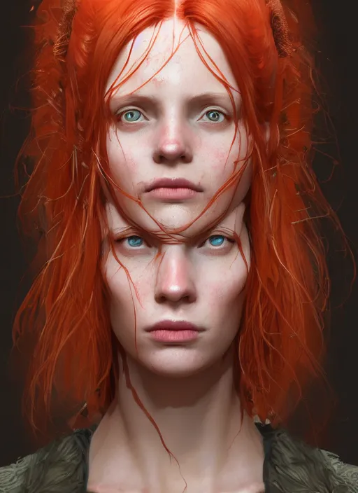 Image similar to biopunk lovecraft portrait of redhead, au naturel, hyper detailed, digital art, trending in artstation, cinematic lighting, studio quality, smooth render, unreal engine 5 rendered, octane rendered, art style by klimt and nixeu and ian sprigger and wlop and krenz cushart.