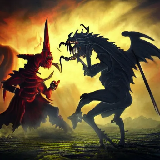 Prompt: demonic knight fighting Bart Simpson, high fantasy painting, realistic, rule of thirds, cinematic, dramatic lighting, epic landscape background 8K