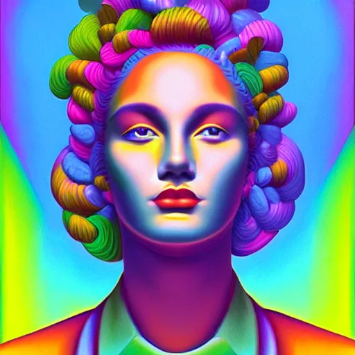 Prompt: colorful vaporwave art deco portrait, an ultrafine detailed painting by rafal olbinski, thomas cole, behance contest winner, pop surrealism, detailed painting, very detailed, minimalist, skeuomorphic, airbrush art