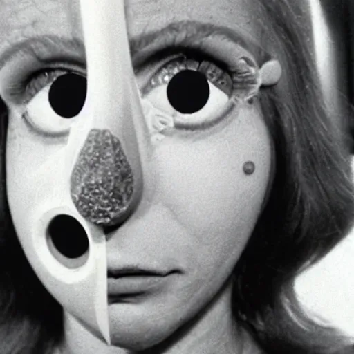 Image similar to woman with prosthetic nose enters an eyeball cult, 1977 live-action children's tv show, color