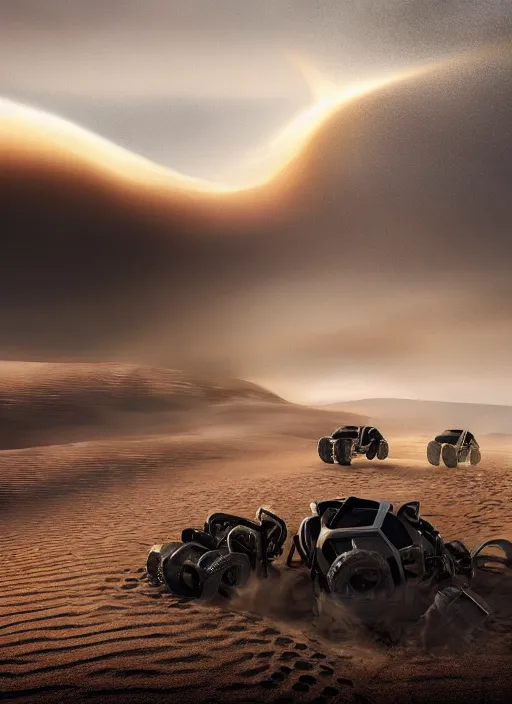 Image similar to 3 speeding quads on a dune in the desert in front of a huge stormcloud made of electric waste on the horizont , dust in the air, dark sun, concept art, dystopic, unreal, cineastic