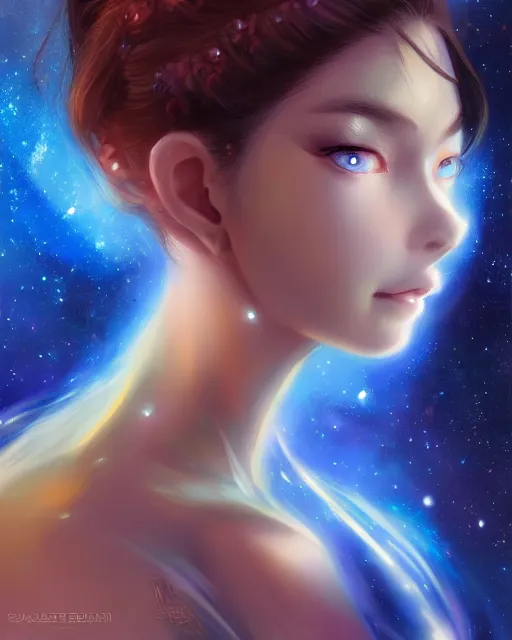 Prompt: A realistic anime portrait of a beautiful cosmic woman with glowing blue eyes and cosmic skin wearing clothes made of universes, digital painting, by Stanley Artgerm Lau, Sakimichan, WLOP and Rossdraws, digtial painting, trending on ArtStation, SFW version