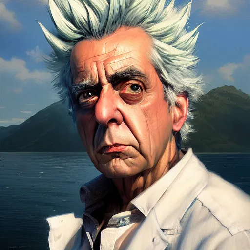 Prompt: rick sanchez portrait, dramatic light, lake background, 2 0 0 mm focal length, painted by stanley lau, painted by greg rutkowski, painted by stanley artgerm, digital art, trending on artstation