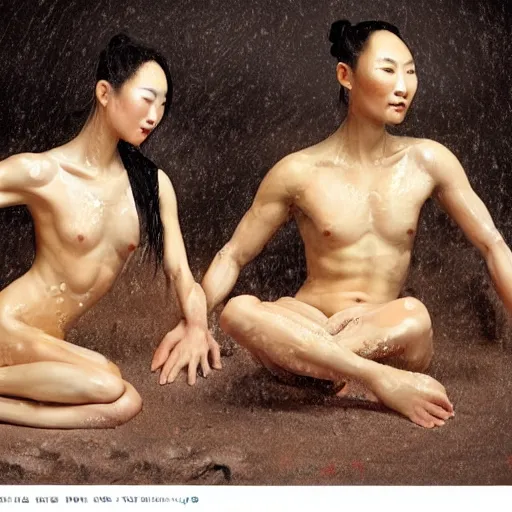 Prompt: High quality realistic photo of two beautiful Chinese concubines with very skinny, muscular physiques, wet hair and clothes, oiled skin, defined muscles, beautiful poses and drapery, classical aesthetic, wearing Noh masks, in Mogao Caves; colour palette inspired by Paul Gauguin, beautiful lighting in the style of Bill Henson, Kodak Ektar, full body portrait