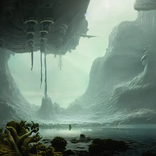 Image similar to a matte painting of alien underwater landscape of lush flora, remnants of old spaceship, alien creatures emerging, morning, by Giger and Ralph McQuarrie and Bruce Pennington, cinematic lighting, ambient light, hyperrealism, nvidia, octane render, 8k, iridescent accents, vray, deviantart