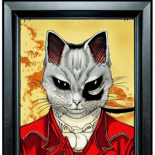 Image similar to vampire cat, inside a frame on a tiled wall, frontal picture, by yoichi hatakenaka, masamune shirow, josan gonzales and dan mumford