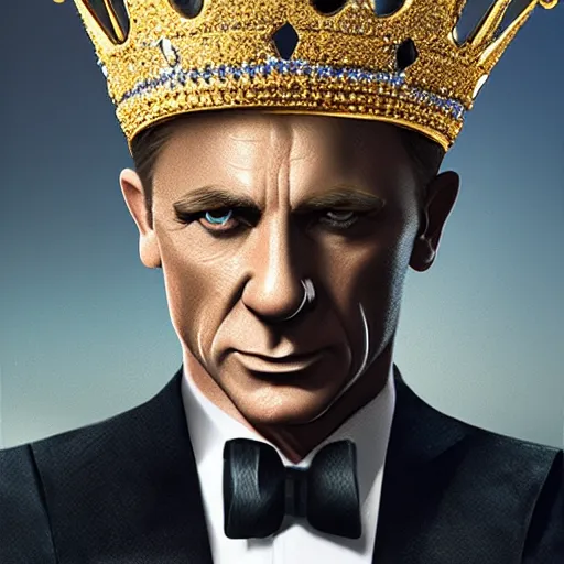 Prompt: James Bond with a diamond jeweled crown with a golden crown, photo-realistic, highly detailed, 8k, in the art style of Filip Hodas, 8k