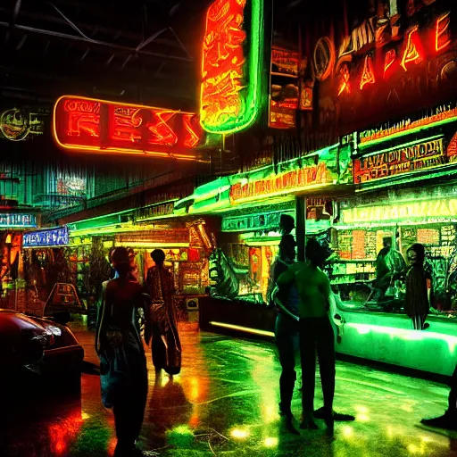 Prompt: cyberpunk black indian market, indoor in the style of blade runner, stands illuminated by greens neon lights, crowded with cyborgs photorealistic, 3 5 mm, grainy ruined film, dark color scheme, ray tracing, unreal engine, 4 k