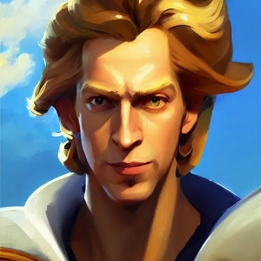 Image similar to Greg Manchess portrait painting o Guybrush Threepwood as Overwatch character, medium shot, asymmetrical, profile picture, Organic Painting, sunny day, Matte Painting, bold shapes, hard edges, street art, trending on artstation, by Huang Guangjian and Gil Elvgren and Sachin Teng