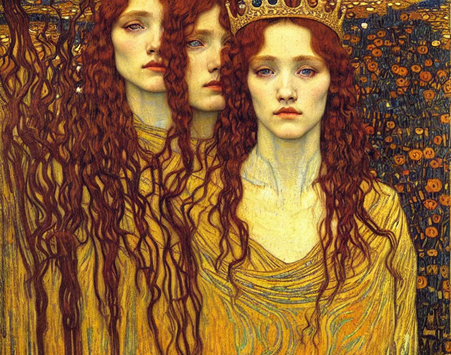 Image similar to detailed realistic beautiful young medieval queen face portrait by jean delville, gustav klimt and vincent van gogh, art nouveau, symbolist, visionary, gothic, pre - raphaelite, muted earthy colors, desaturated