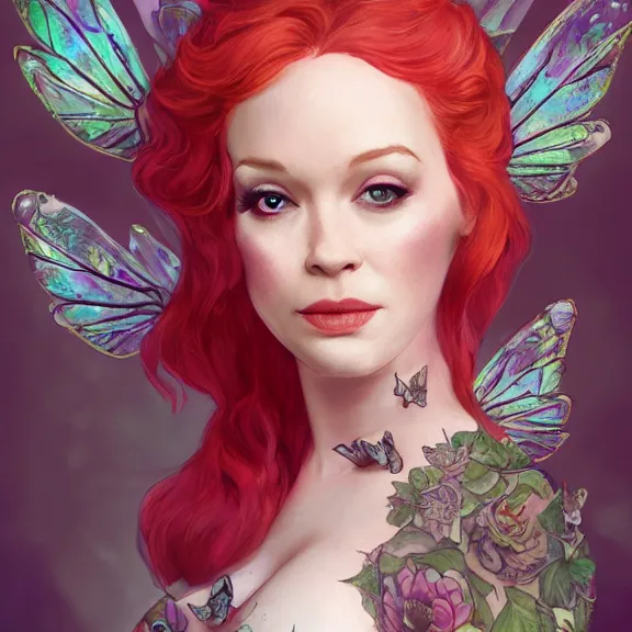 Prompt: christina rene hendricks as a young and playful fairy, butterfly wings, body covered in floral tattoos, d & d, fantasy, highly detailed, digital art, trending on artstation, smooth, sharp focus, illustration, art by peter tang and artgem