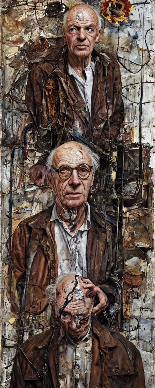 Prompt: a full length portrait of a very ordinary old man with a blank expression, Anselm Kiefer and Lucian Freud and Jenny Saville, oil painting, rust, Scaffolding, rusted metal and sunflowers, iron cladding, decay, mixed media, textured, anatomically correct, beautiful perfect face, visible brushstrokes, sharp focus, Highly Detailed, Cinematic Lighting, 8k, HD