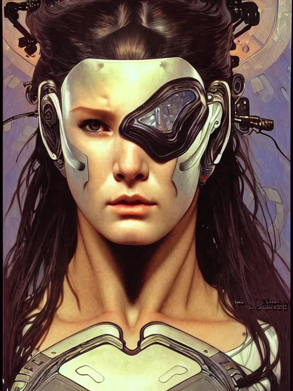 Prompt: realistic detailed face portrait of one handsome futuristic female heroine amazon with few parts of alien cyberpunk armor, minimal sleak design armor style, by moebius, alphonse mucha, ayami kojima, amano, greg hildebrandt, and mark brooks, feminine, sexy, female, seductive, art nouveau, cyberpunk, neo - gothic, gothic, character concept design,