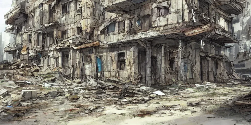 Prompt: dilapidated detailed buildings, beautiful concept art of donetsk during war