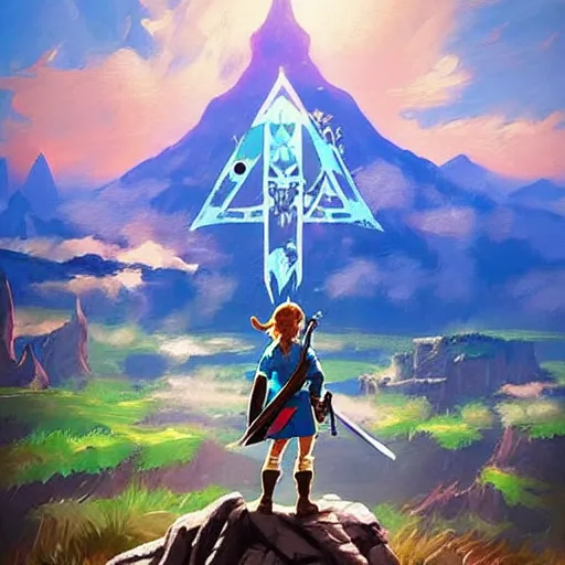 Image similar to oil painting of zelda breath of the wild, iconic mountain in the background. beautiful, rpg, dnd, artgerm, colorful, disney, pixar