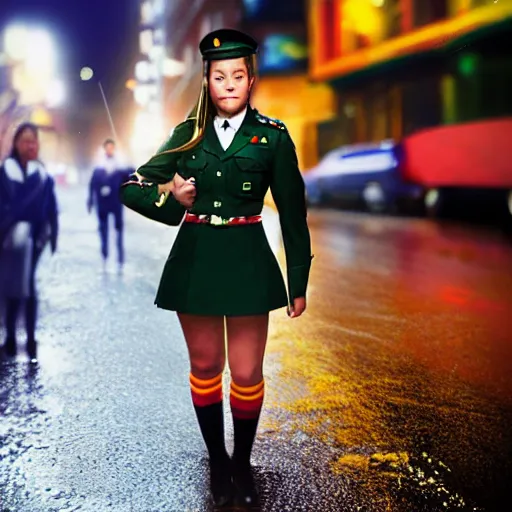 Image similar to night flash portrait photography of a high school girl in uniform on the lower east side by annie leibovitz, colorful, nighttime!, raining!