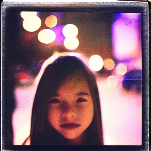 Prompt: portrait of a girl in the city street at night, bokeh, long exposure, polaroid sx - 7 0 instant film