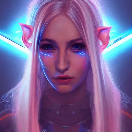 Image similar to portrait of an elf in a cyberpunk style, neon lights, digital art, highly-detailed artstation cgsociety masterpiece