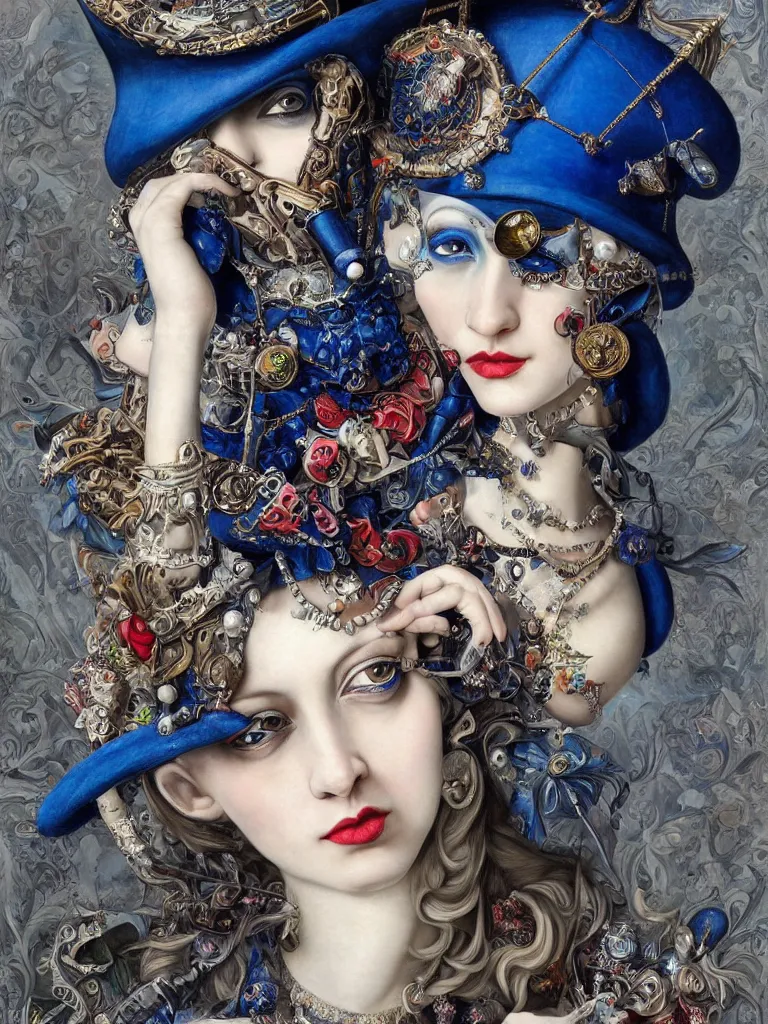 Prompt: Detailed maximalist stunning portrait of gorgeous dark elf with beautiful blue piercing eyes dressed in a jester’s hat with a monocle, HD mixed media, 3D collage, highly detailed and intricate, masterpiece, award-winning, surreal illustration in the style of Caravaggio, dark art, baroque