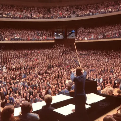 Prompt: 1990s Hi-8 footage of Napoleon conducting at the Sydney Opera House, candid wide photograph, 18mm