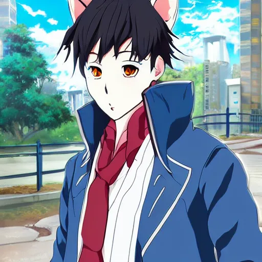 Image similar to key anime visual portrait of an anthropomorphic anthro wolf fursona, in a jacket, with handsome eyes, official modern anime art