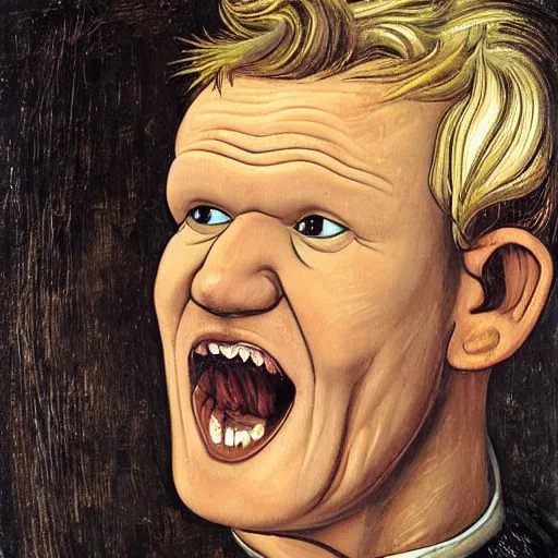 Prompt: A portrait of Gordon Ramsay yelling in a chef uniform, painted by Leonardo da Vinci