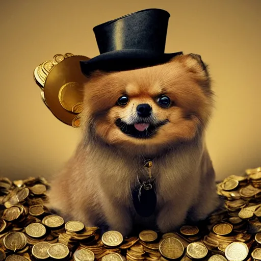 Image similar to A pomeranian wearing a top-hat and a monocle, sitting on a pile of gold coins