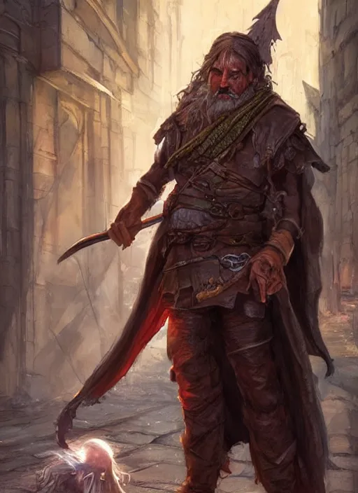 Image similar to poor beggar on the streets, ultra detailed fantasy, dndbeyond, bright, colourful, realistic, dnd character portrait, full body, pathfinder, pinterest, art by ralph horsley, dnd, rpg, lotr game design fanart by concept art, behance hd, artstation, deviantart, hdr render in unreal engine 5