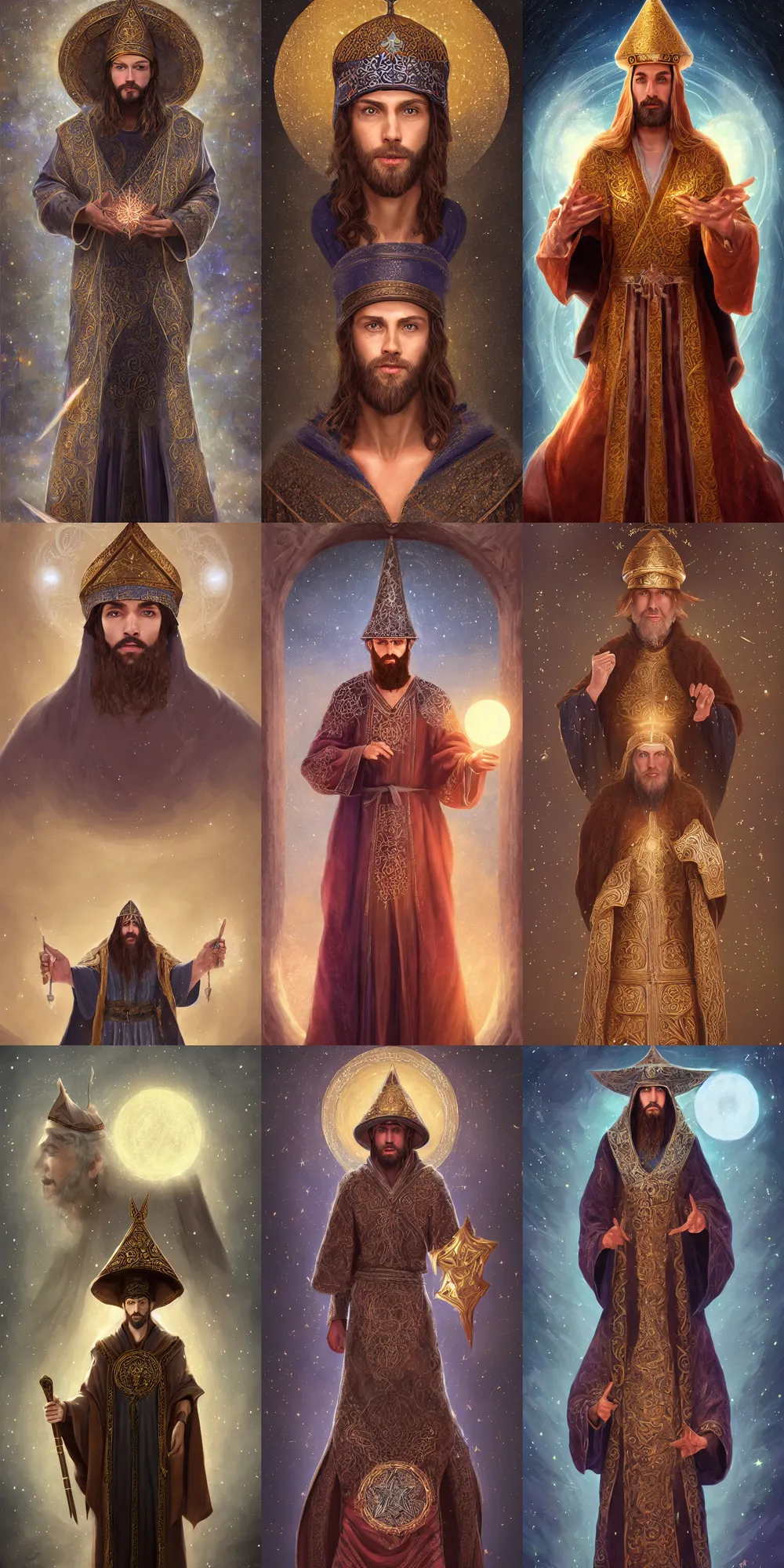 Prompt: adult wizard wearing a byzantine hat and a robe with star and moon pattern, handsome face, focus eyes, large star crystals, symmetry, ultra realistic soft painting, full body, fantasy, intricate, elegant, highly detailed, digital painting, artstation, concept art, matte, illustration, 8 k