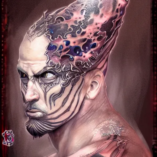 Image similar to a WLOP 3d render of Very very very very highly detailed mystic, enigmatic, strange portrait of a phantom warrior with galaxy, tattoos by Anton Pieck, intricate, extremely detailed, digital painting, artstation, concept art, smooth, sharp focus, illustration, intimidating lighting, incredible art,