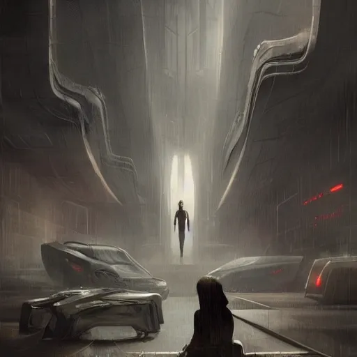 Image similar to concept art by greg rutkowski, a very tall, and slender man with messy black hair, wearing a beige and black sweater, sitting in the spaceship command bridge, brutalist futuristic interior, dark lighting atmosphere, detailed portraits, nostalgic atmosphere, scifi, digital painting, artstation, concept art, smooth, sharp foccus ilustration, artstation hq