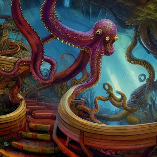 Prompt: octopus waterpark with tentacle waterslides painting by brain froud, charles vess, cinematic lighting, epic composition, highly detailed