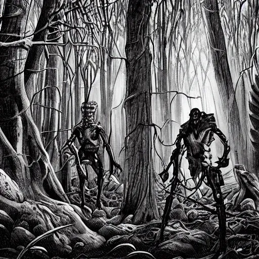 Image similar to sci - fi, hunters of monsters walking in a meat and bone forest, art by oscar chiconi