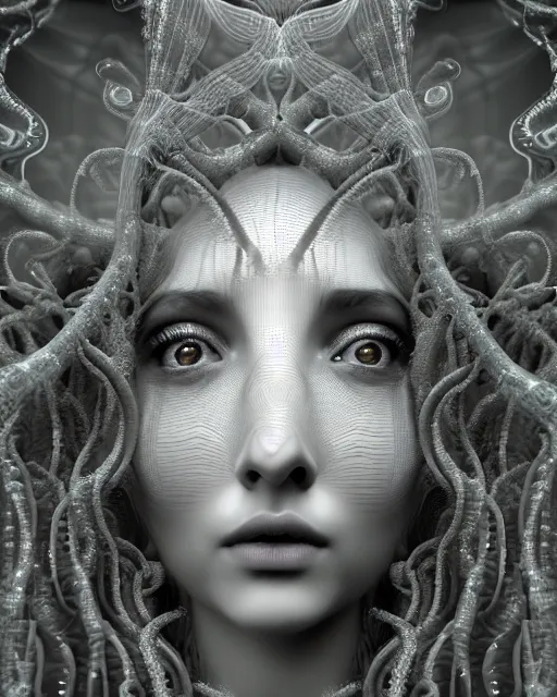 Prompt: surreal mythical dreamy underwater artistic black and white 3 d render of a translucent beautiful young female angelic - medusa - vegetal - doll with her face covered with fish scales, highly detailed, intricate crystal ivy jelly fish scales ornate, poetic, translucent algae ornate, digital art, octane render, 8 k artistic photography, photo - realistic, hg giger flora borsi