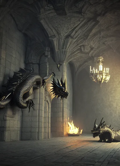 Prompt: black dragon sleeping in the castle, rpg style, dnd style, ultra detailed, trending on artstation, concept art, octane render, unreal engine,