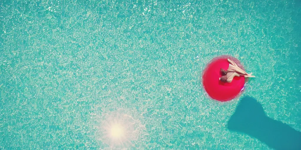 Prompt: analog polaroid photograph of a woman sunbathing on an inflate bed in the ocean, seen from above, drone footage, bright sun reflection in the water, lensflare, film grain, azure tones, red color bleed