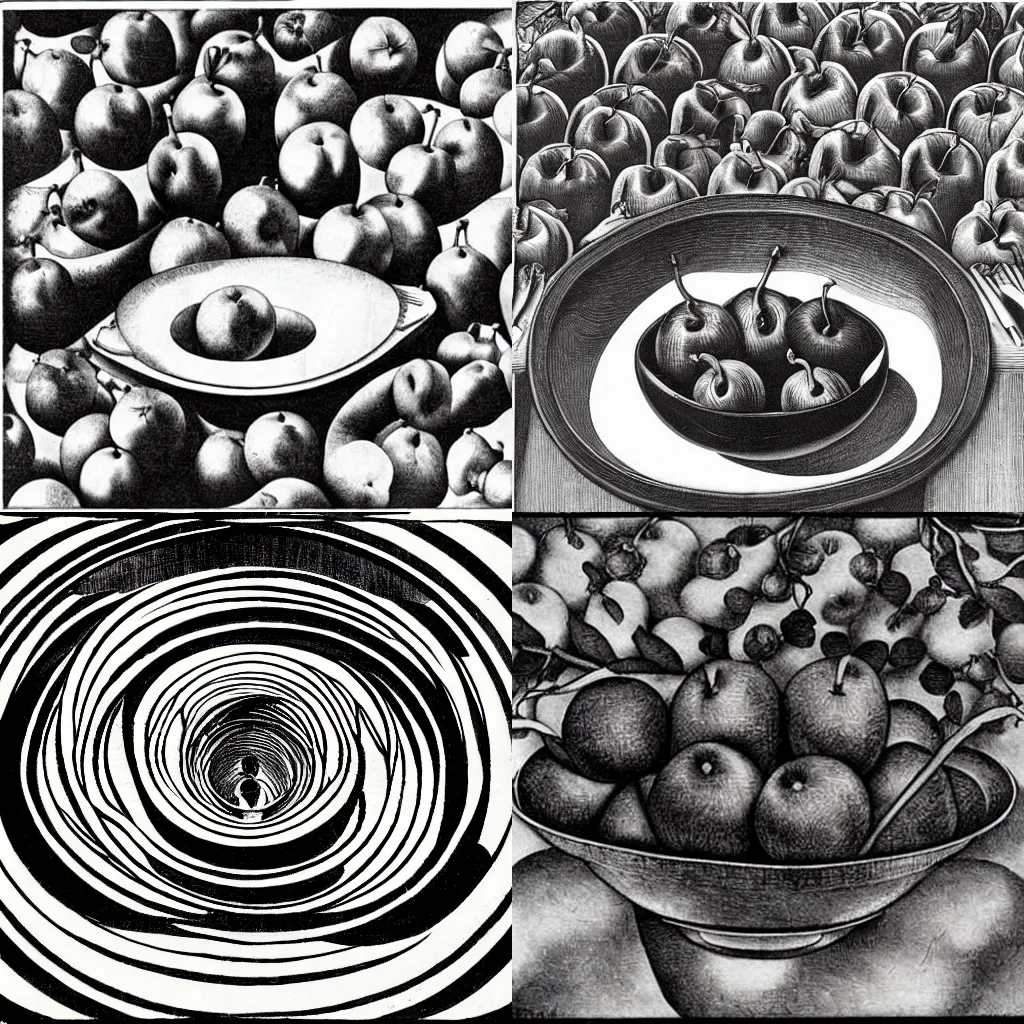 Prompt: a bowl of fruit by mc escher