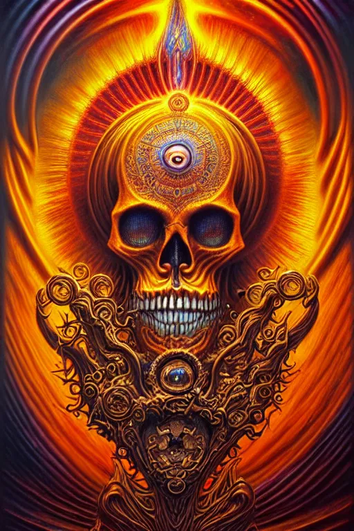 Prompt: A beautiful detailed orixa sun godness, tarot card, by tomasz alen kopera and Justin Gerard, symmetrical features, ominous, magical realism, texture, intricate, ornate, royally decorated, skull, skeleton, whirling smoke, embers, red adornements, red torn fabric, radiant colors, fantasy, trending on artstation, volumetric lighting, micro details, 3d sculpture, ray tracing, 8k, anaglyph effect