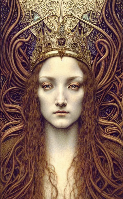 Image similar to detailed realistic beautiful young medieval queen face portrait by jean delville, gustave dore and marco mazzoni, art nouveau, symbolist, visionary, gothic, pre - raphaelite. horizontal symmetry